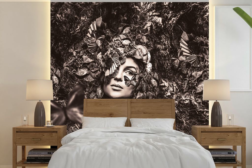 MuchoWow Fototapete für Wohnzimmer oder Schlafzimmer Wandtapete Vinyl Motivtapete Sepia - Frau - Schmetterling - 300x300 cm - Wanddekoration