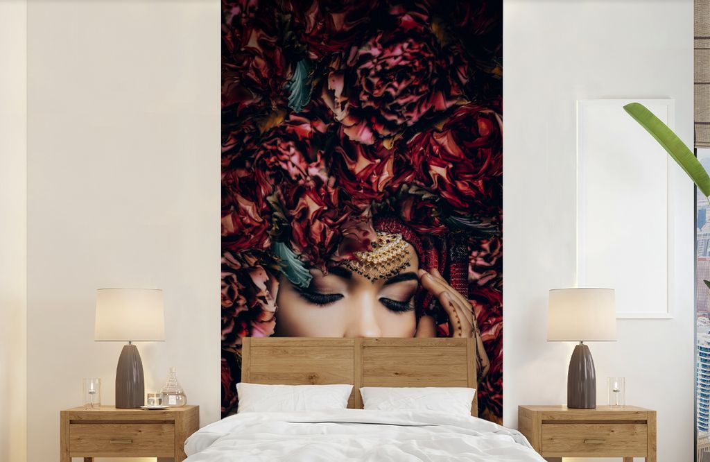 MuchoWow Fototapete für Wohnzimmer oder Schlafzimmer Wandtapete Vinyl Motivtapete Frau - Blumen - Henna - Porträt - 120x240 cm - Hintergrundbild