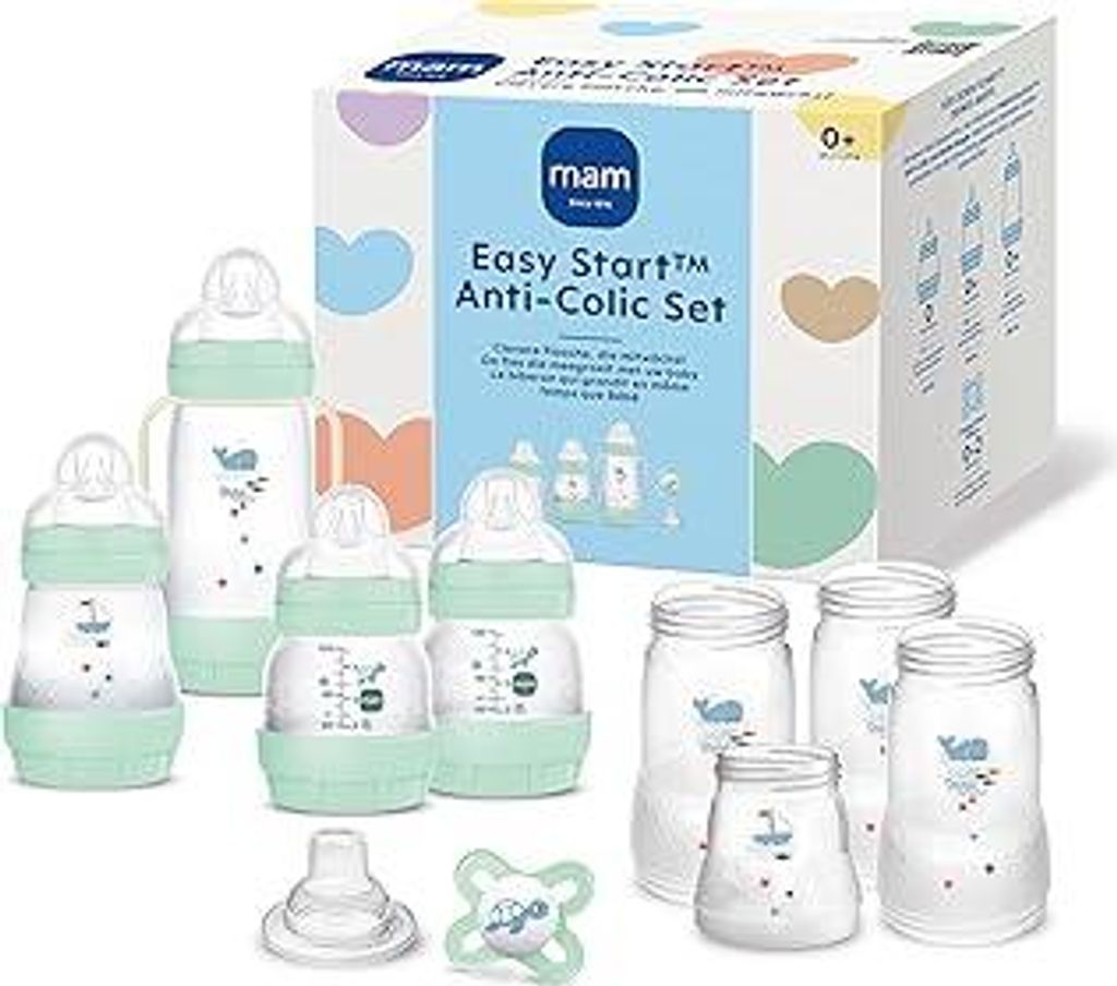 MAM Easy Start Anti-Colic Starter Set, mitwachsende Baby Erstausstattung mit Schnuller, Flaschen & Griffen, Baby Geschenk Set, ab Geburt, blau