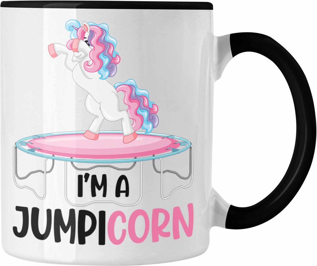 Trendation - Jumpicorn Tasse Geschenk Trampolin Fitness Einhorn (Schwarz)