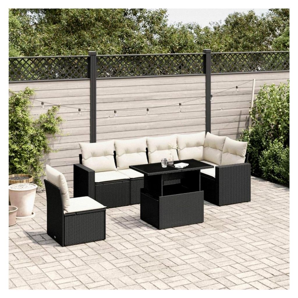 Garten-Sofagarnitur mit Kissen in Schwarz aus Poly Rattan, modulares Design, UV-beständig, verstellbare Tischplatte, abnehmbare und waschbare Bez...