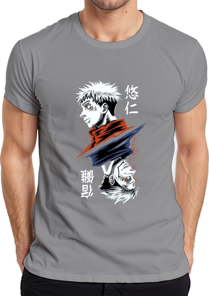 Jujutsu Kaisen Yuji Itadori Dual Face Fluch Anime Geschenk Herren T-Shirt, Grau, S