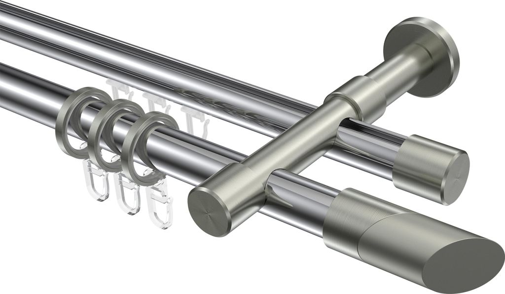 Interdeco Rundrohr-Innenlaufstange / Gardinenstange (Kombination) Chrom / Edelstahl-Optik, Typ Prestige Verano (Schräge), 20 mm Ø 2-läufig, 160 cm