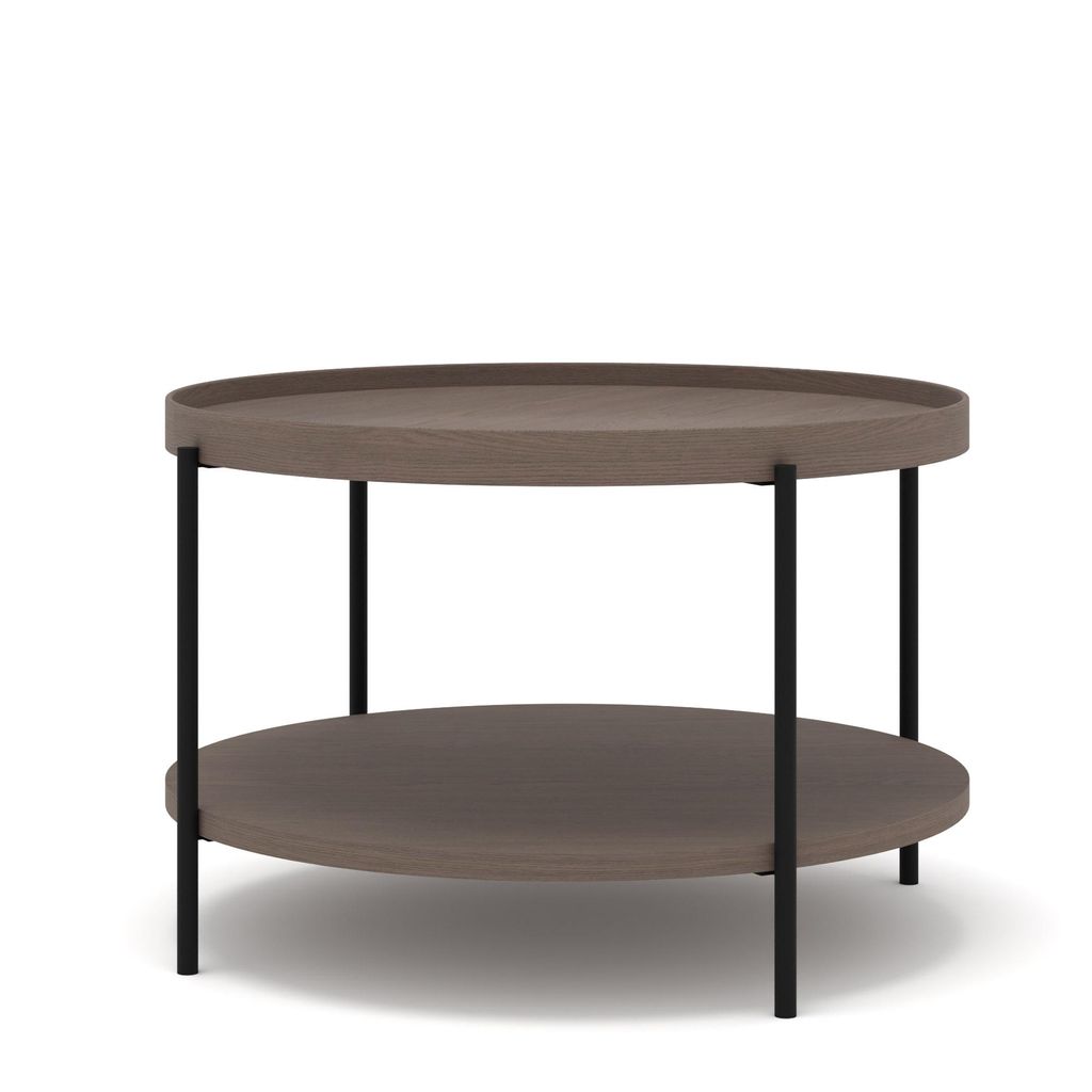Couchtisch PUFFIN 84 cm KÜHLES BRAUN runden lackiertes Furnier schwarze Metallfüße Montiert