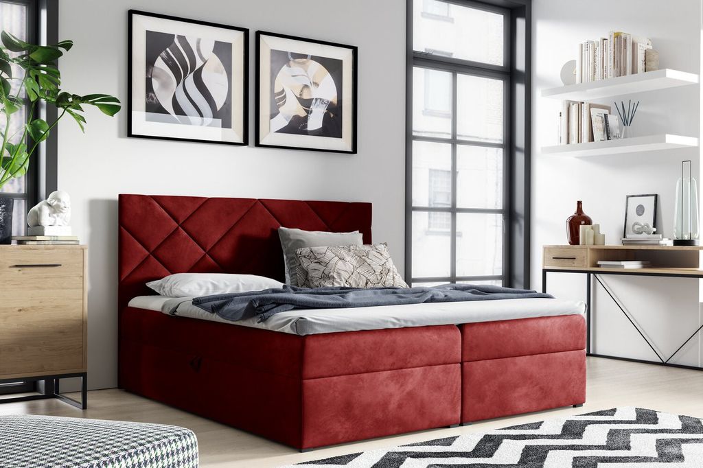 Gepolstertes Doppelbett DINO – 200x200, Rot + GRATIS Topper