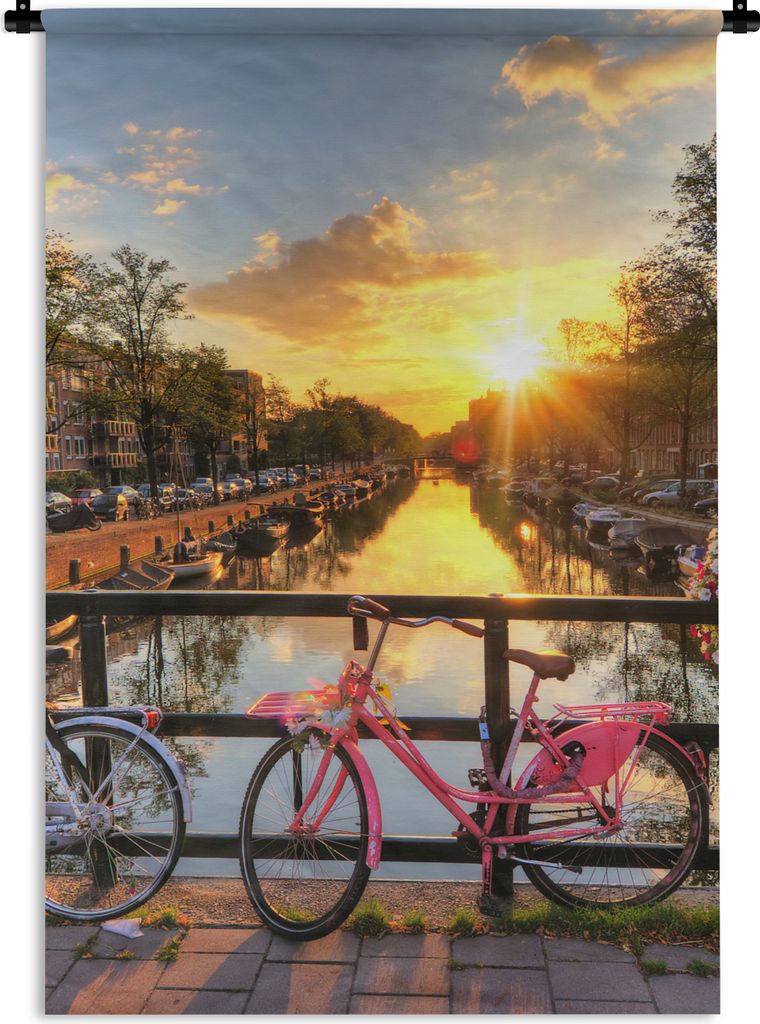 MuchoWow Wandteppich Wandbehang Amsterdam - Blumen - Brücke - Fahrrad - Sonnenuntergang 90x135 cm Tapisserie Dekoration Wandtuch - Baumwolle - W...