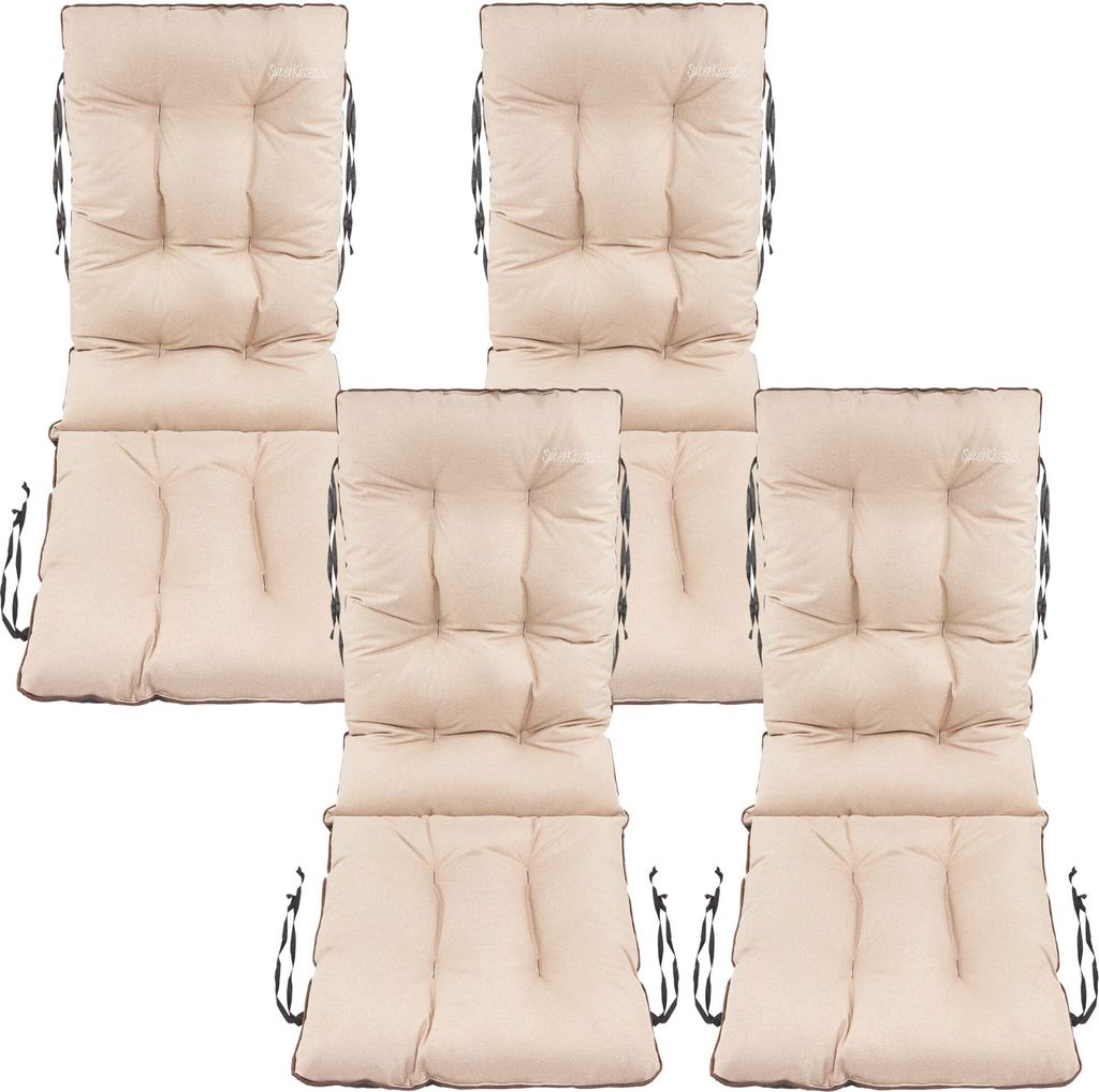 SuperKissen24. Stuhlkissen Sitzkissen und Rückenkissen für Stühle 4er Set 48x48x75 cm - Outdoor und Indoor - Wasserdicht - Beige Leinen