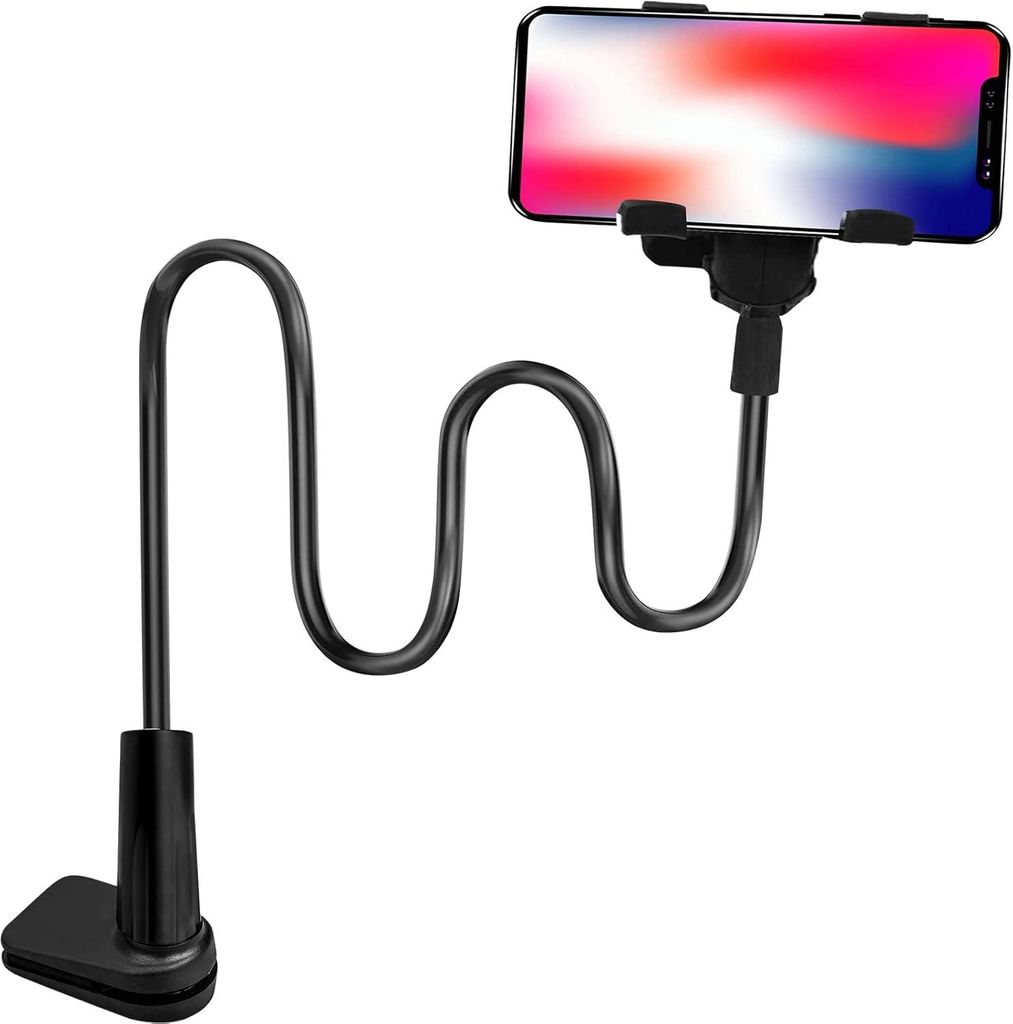 Schwanenhals-Handyhalterung, faltbarer Ständer für Tablets und Smartphones – 360° flexibler Arm mit Befestigungsclip, Schwarz, 75 cm Gesamtlänge