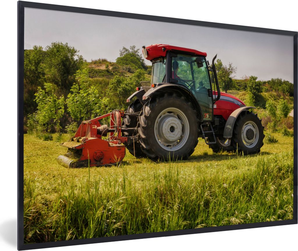 MuchoWow Gerahmtes Poster Traktor - Rot - Natur - Grün - Landleben 60x40 cm - Poster mit Schwarzem Bilderrahmen Wandposter Rahmen Foto Bilder - ...