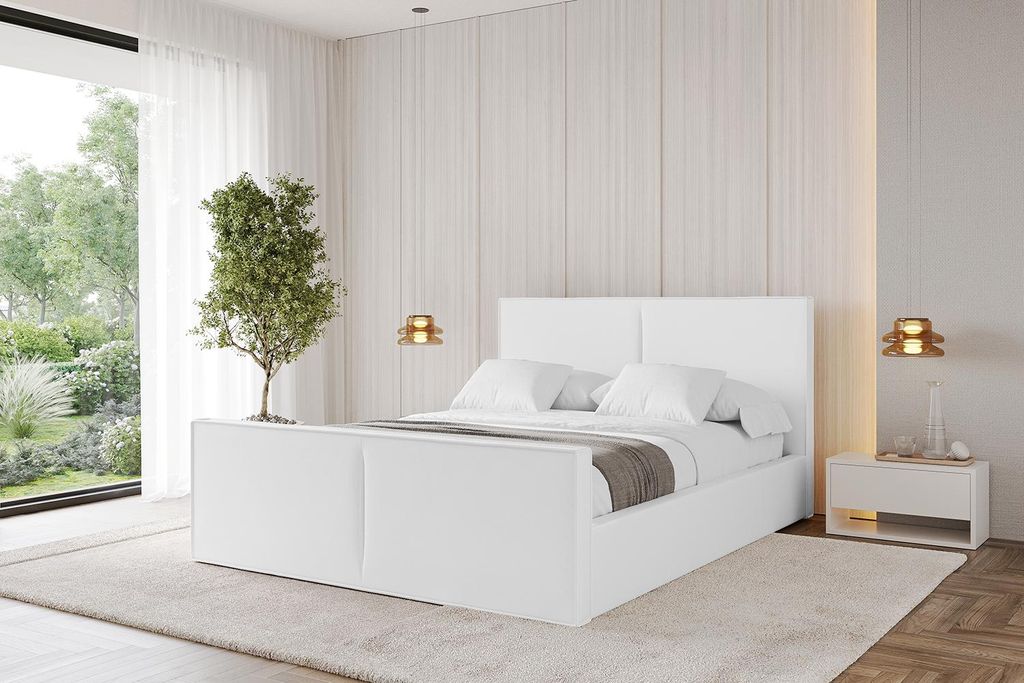 ALTDECOR Polsterbett mit Bettkasten - VANTO-Z 140x200 Weiß Kunstleder- Bett mit Matratze H3/H4, Kopfteil und Fußteil, Boxbett, Doppelbett mit Sta...