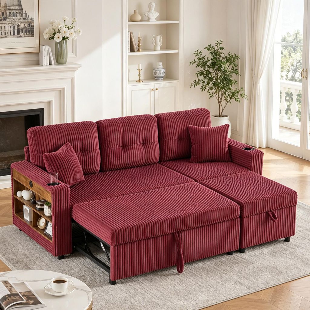Schlafsofa mit Ausziehbett Cord Sofa ausziehbar mit Stauraum LED & USB-C Getränkehalter Funktionssofa Dauerschläfer Polstersofa Wohnzimmer Khaki