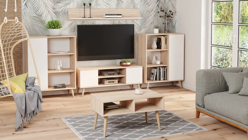 Table basse scandinave Sandi rectangulaire bois et blanc mat