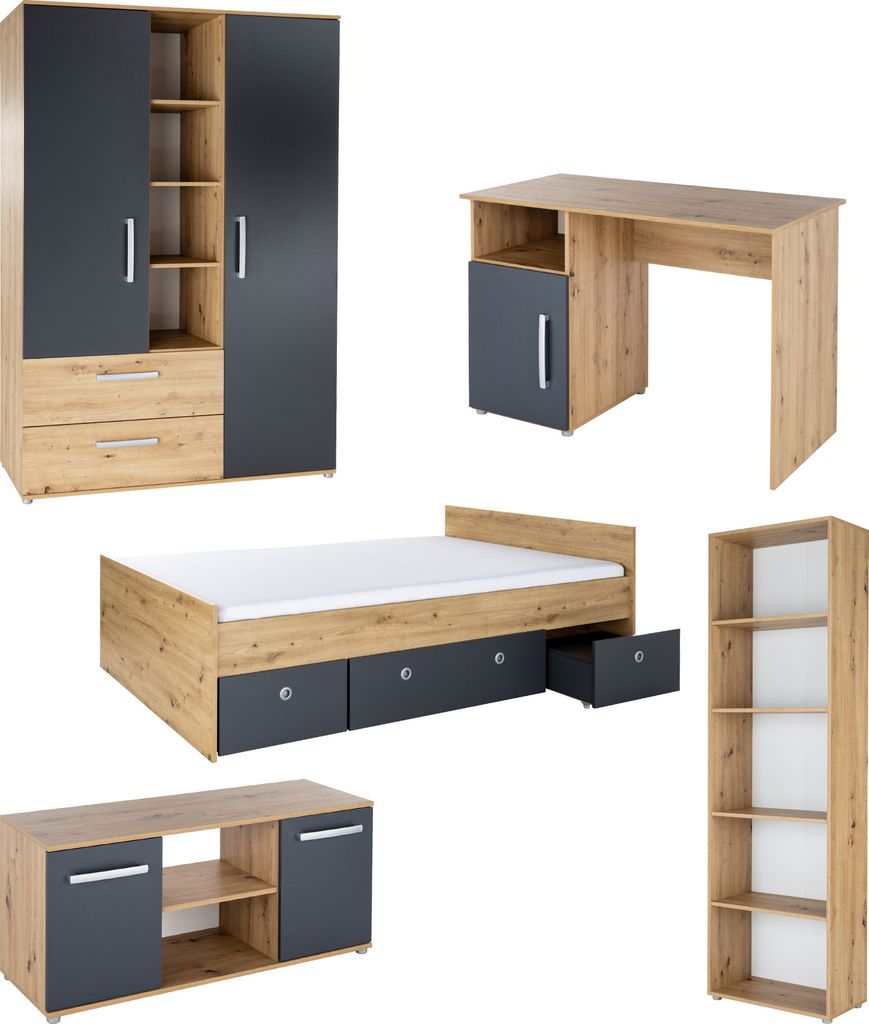 arthur berndt Jugendzimmer Set Alessio 6.teilig Kleiderschrank Schreibtisch 140 x 200 cm Bett inkl. Bettschubkästen Lowboard Standregal