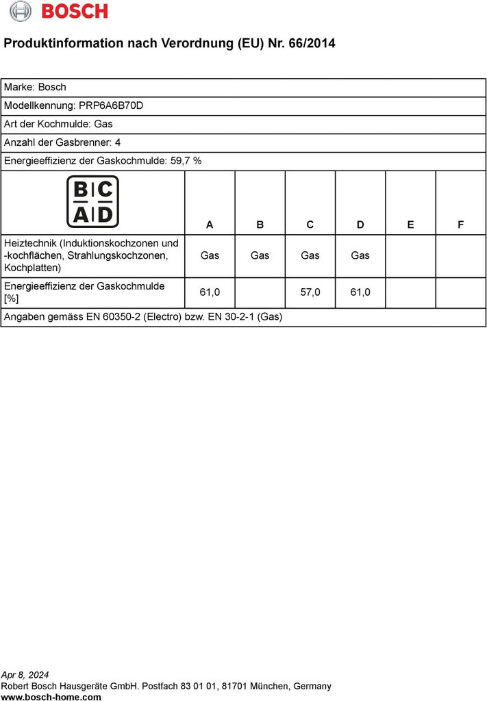 Bosch Gaskochfeld 60 cm Glaskeramik Schwarz PRP6A6B70D Produktbild 9