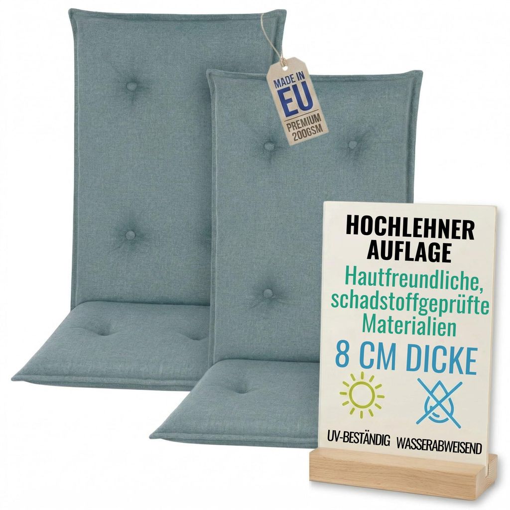 Pillows24 - 2x Hochlehner Auflagen 120x50x8 cm | Gesteppte Wetterfeste Gartenstuhlauflagen | Sitzkissen für Gartenmöbel | EU | Türkis