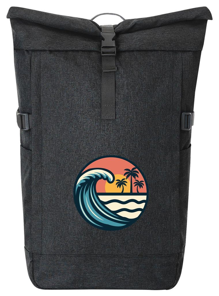 Huuraa Kurierrucksack Beach Strand Welle 30-44 Liter Black Melange Fairtrade Rolltop Rucksack Geschenkidee
