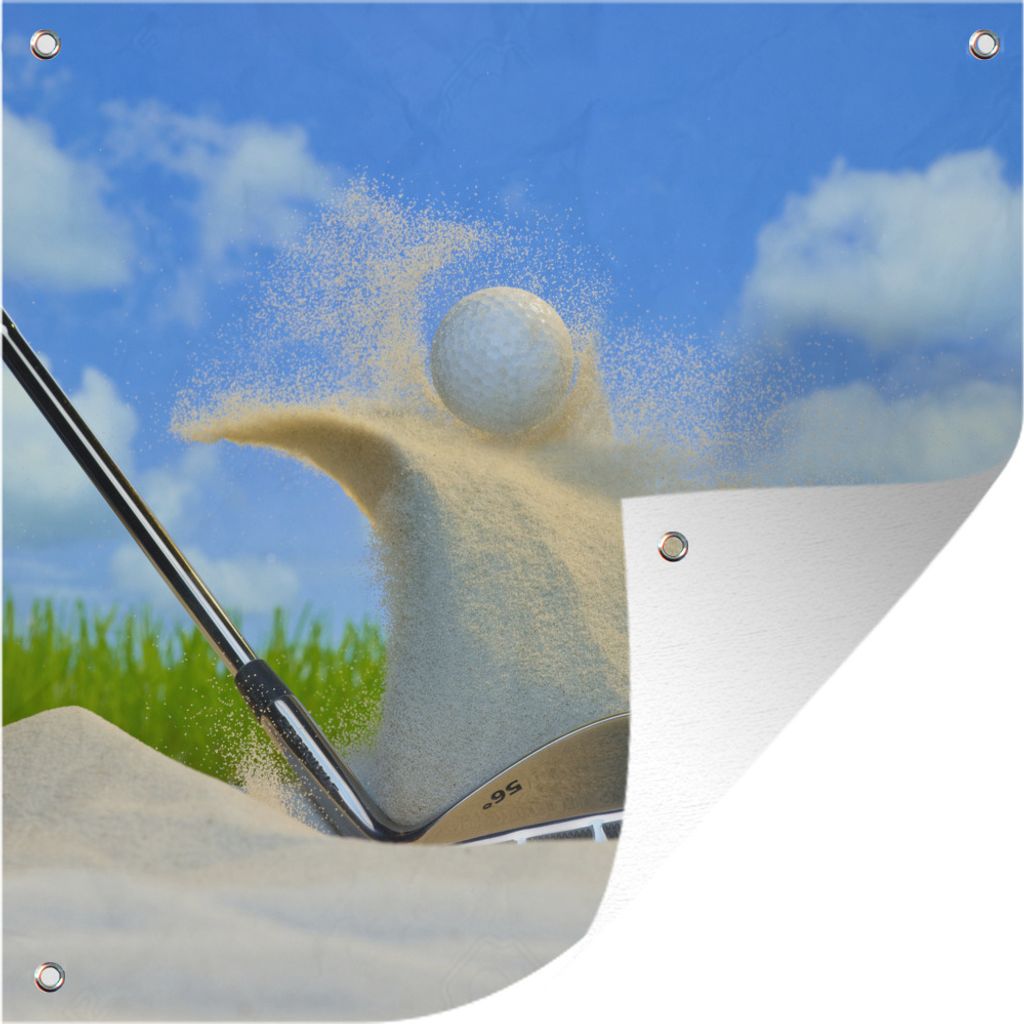 MuchoWow 100x100 cm Outdoor-Poster Gartendeko Sichtschutz Garten Poster für den Garten Ein Golfer schlägt den Ball aus dem Bunker