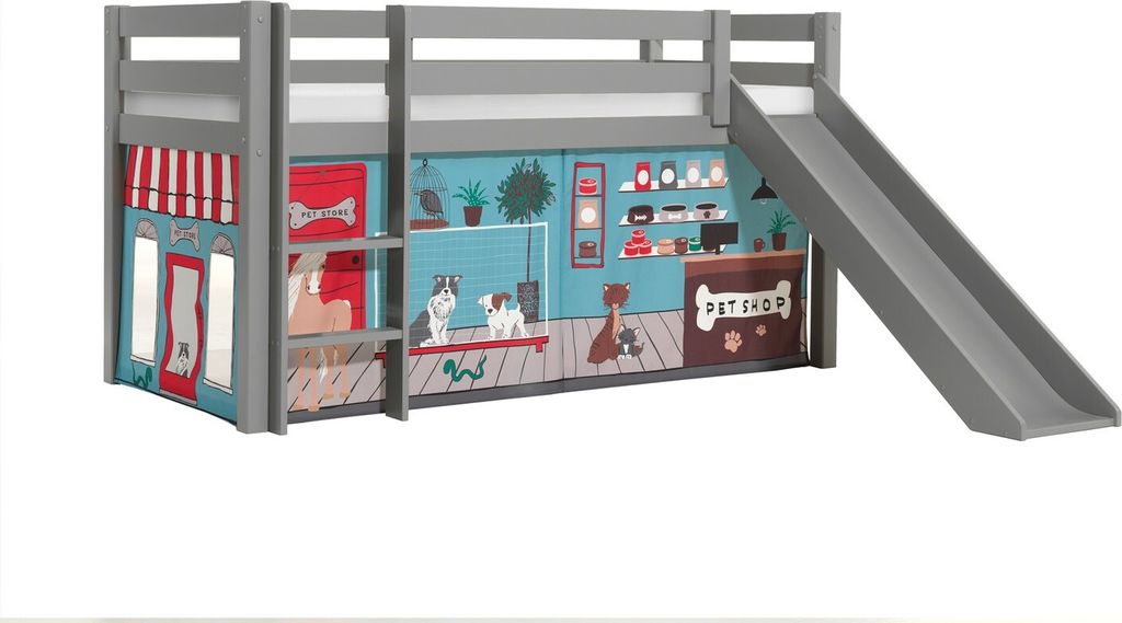 Halbhohes Bett Pino mit Rutsche und Textilset Tiere Kiefer Grau lackiert