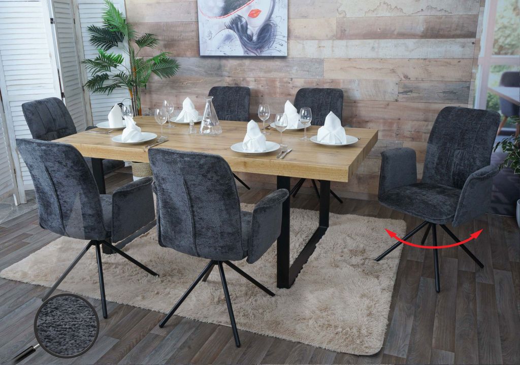 6er-Set Esszimmerstuhl MCW-N99, drehbar Armlehne Auto-Return, Stoff/Textil Chenille (340g/m²) dunkelgrau