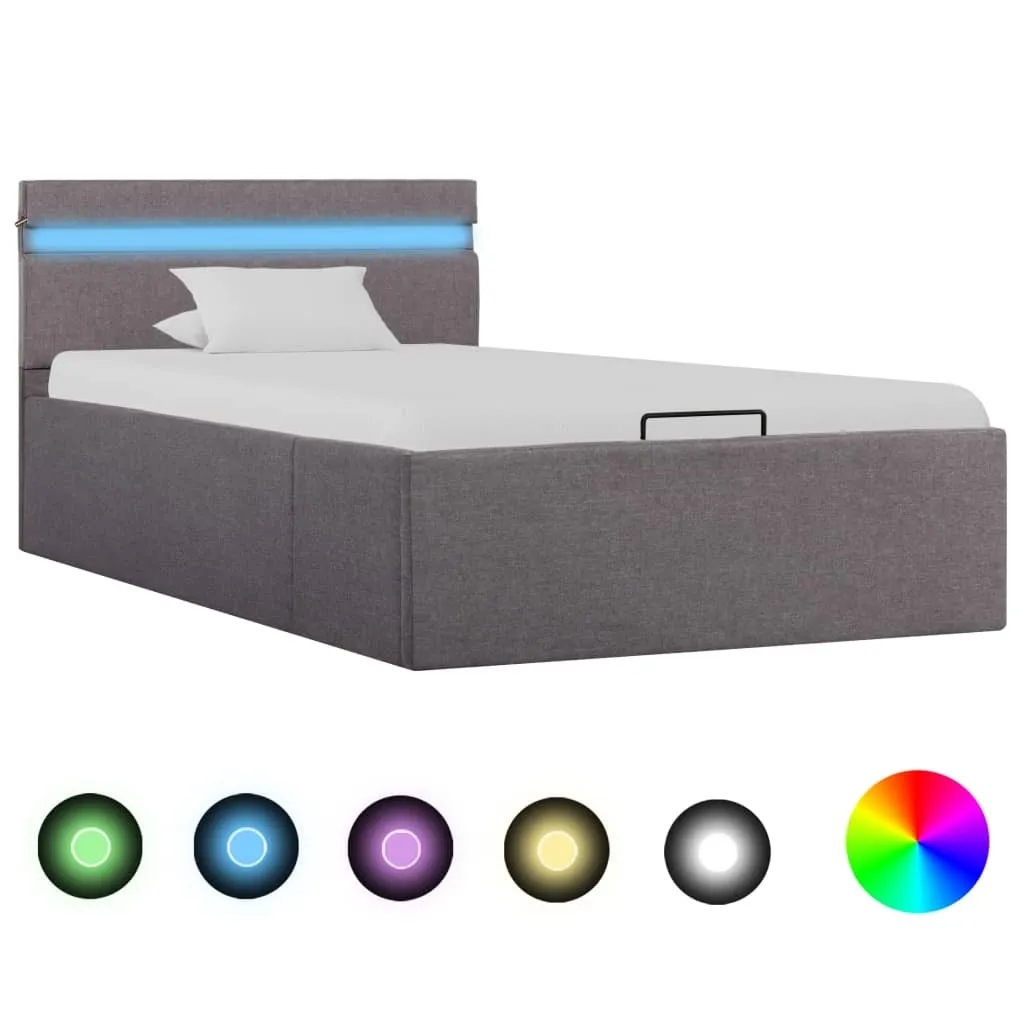 Lit avec sommier hydraulique et LED en tissu taupe - Modèle 90x200 cm