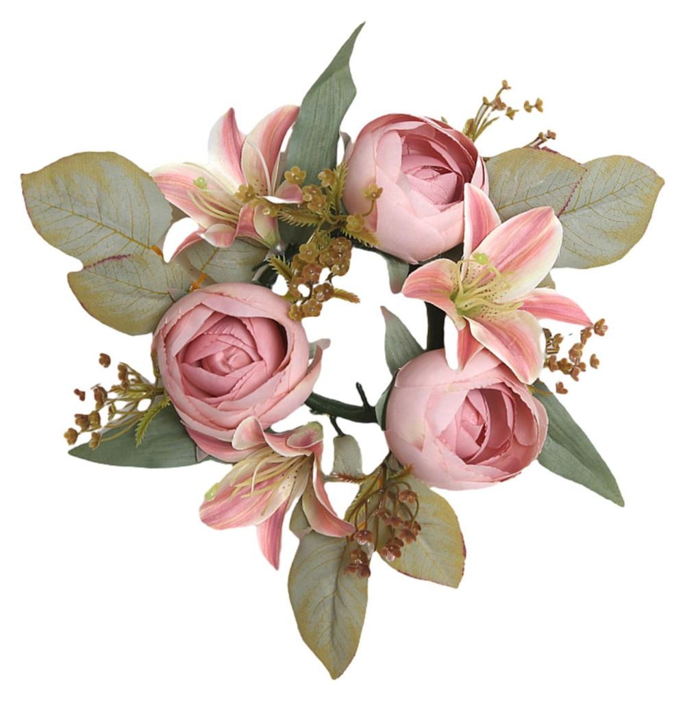 Mini-Kerzenkranz mit realistischer Lilien- und Rosengirlande aus Kunststoff, inklusive Kerzenhalter, ideal als Tischdekoration für Hochzeiten, Par...