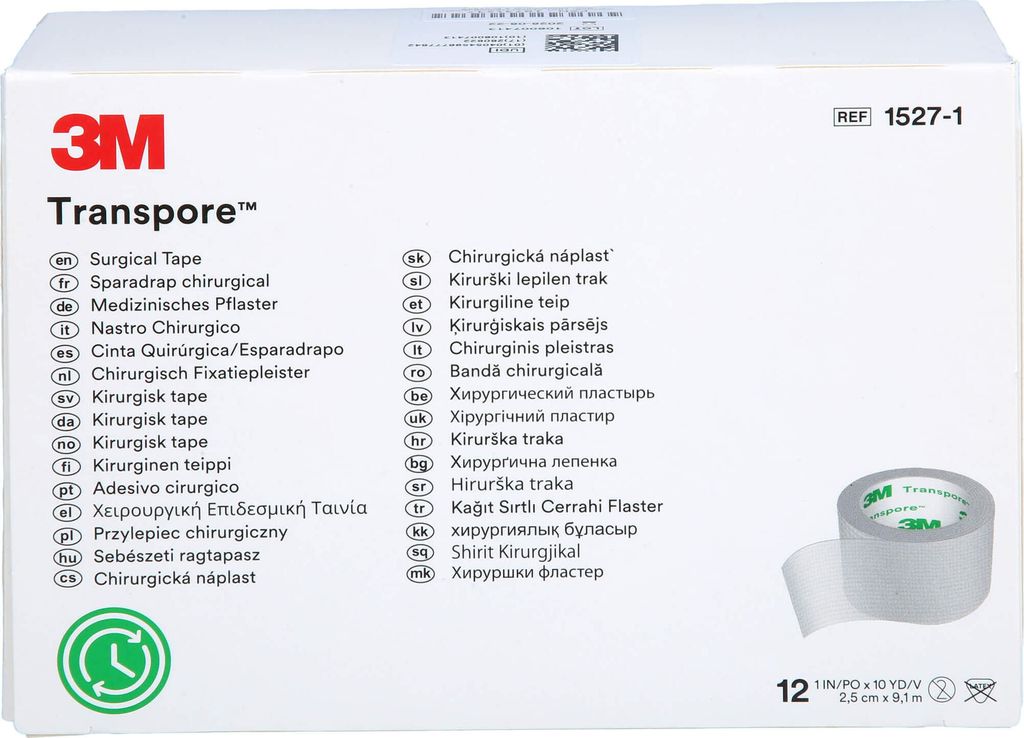 3M™ Transpore™ Kunststoffpflaster, 1527-1, 2,5 cm x 9,1 m, Produktbild 