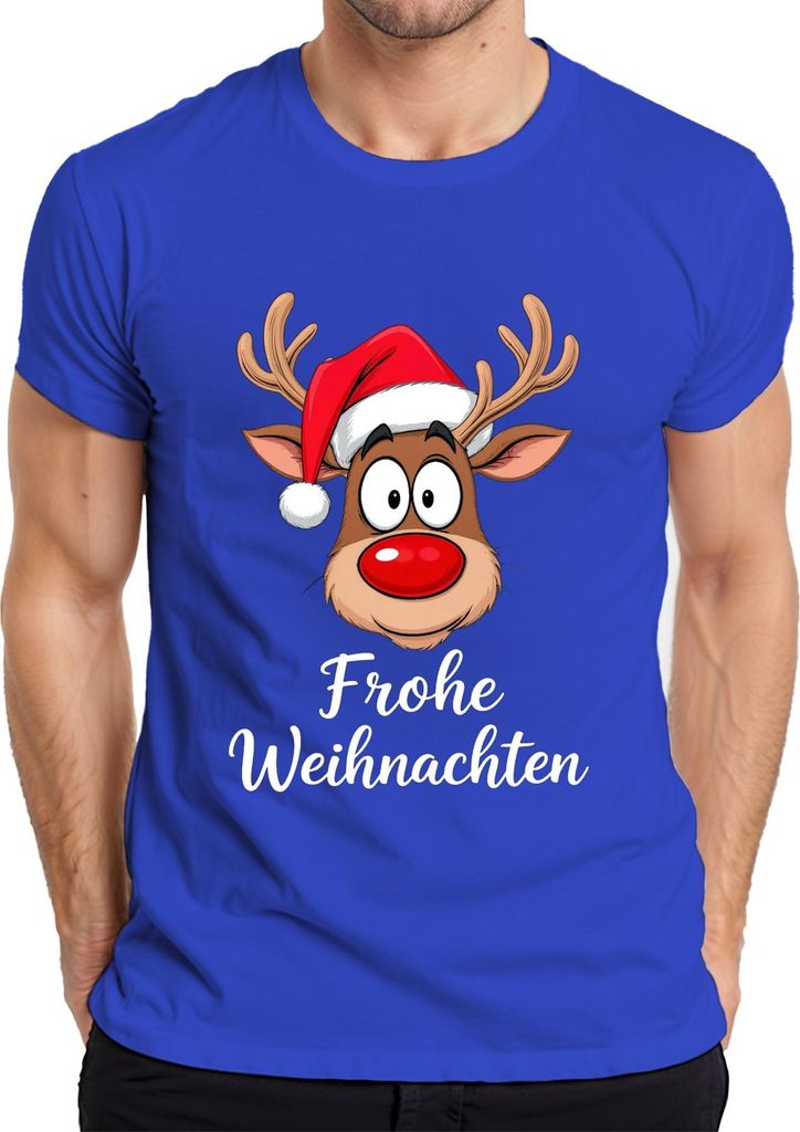 Frohe Weihnachten Rentier Rudolf Cartoon Niedlich Lustig Geschenk Herren T-Shirt, Blau, L