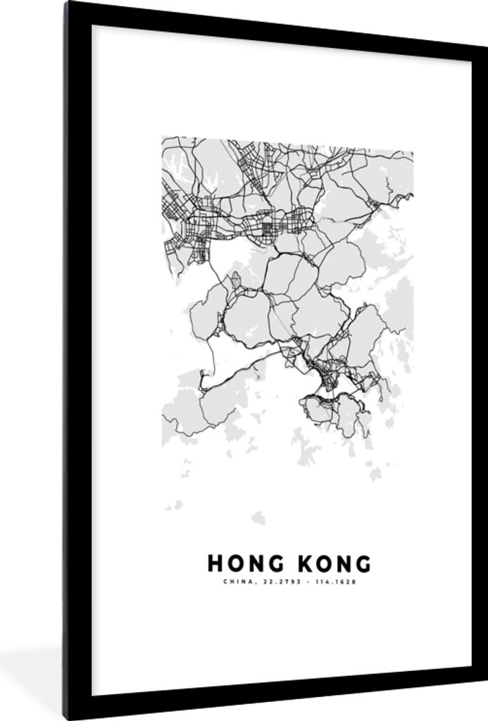 MuchoWow Gerahmtes Poster Hongkong - Stadtplan - Schwarz und weiß - Karte 60x90 cm - Poster mit Schwarzem Bilderrahmen Wandposter Rahmen Foto Bi...