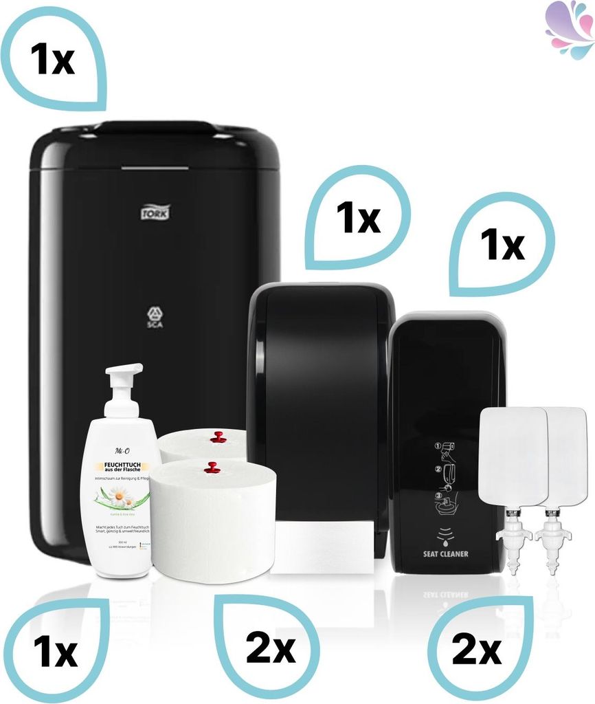 KOMPLETT-SET Damentoilette: Toilettenpapierspender + Sitzreinigung + Intimschaum + Hygienezubehör & Füllmittel : Farbe - Schwarz Farbe: Schwarz
