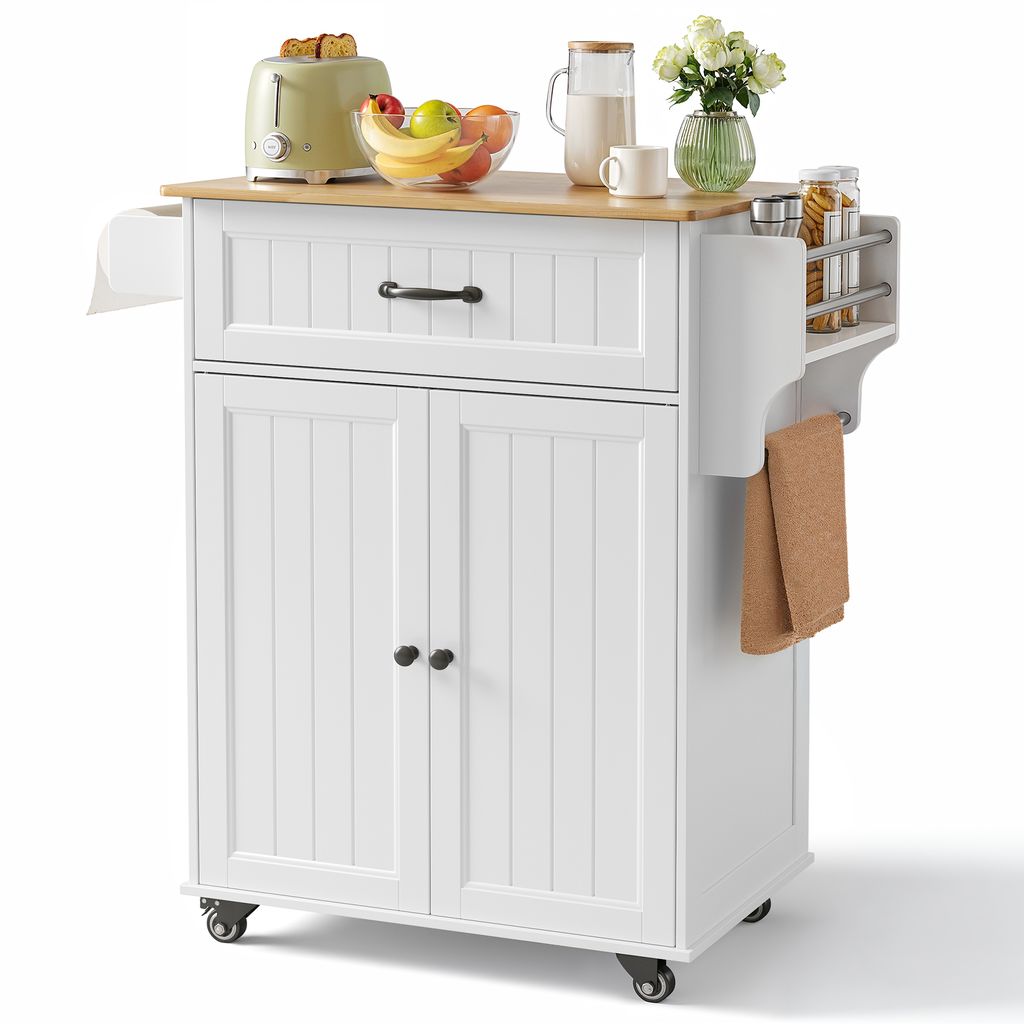 A white kitchen cart with a wooden top is shown against a white background.