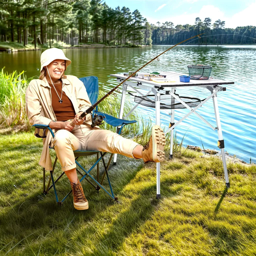 Table de camping ajustable AREBOS structure légère pliable 90x51 cm - 15