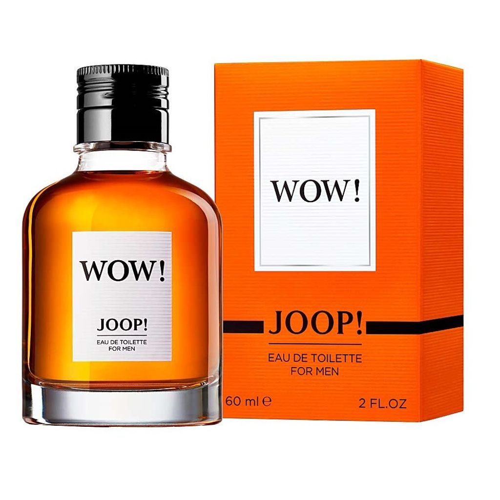A bottle of Joop! WOW! Eau de Toilette for Men and its matching orange box are displayed against a white background.