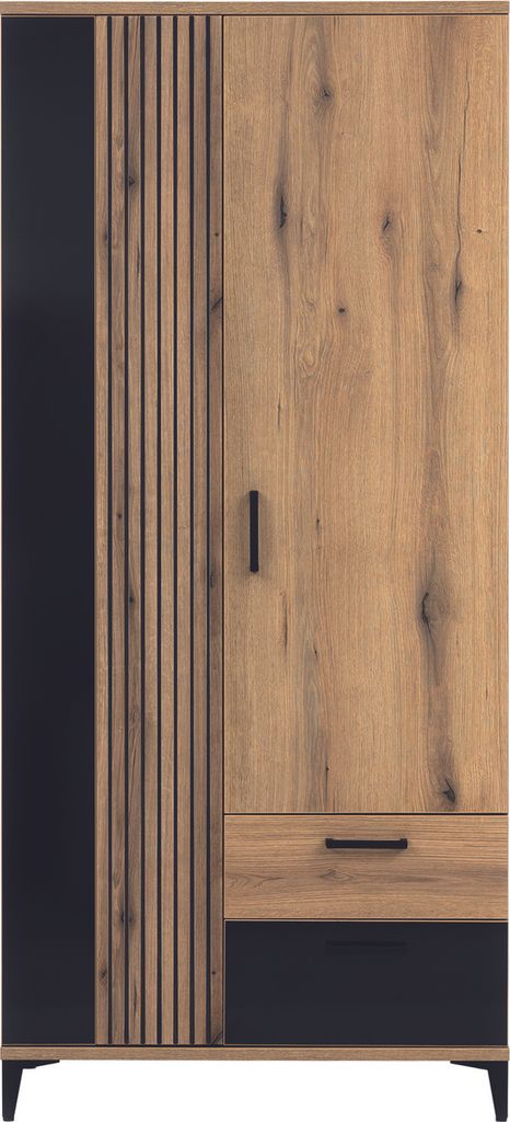 Furniture24 Kleiderschrank 89x194x55 cm ARIS AS10 Schrank 2 Türiger mit 2 Schubladen Wohnzimmerschrank Kleiderstange Evoke Eiche/Schwarz Glanz