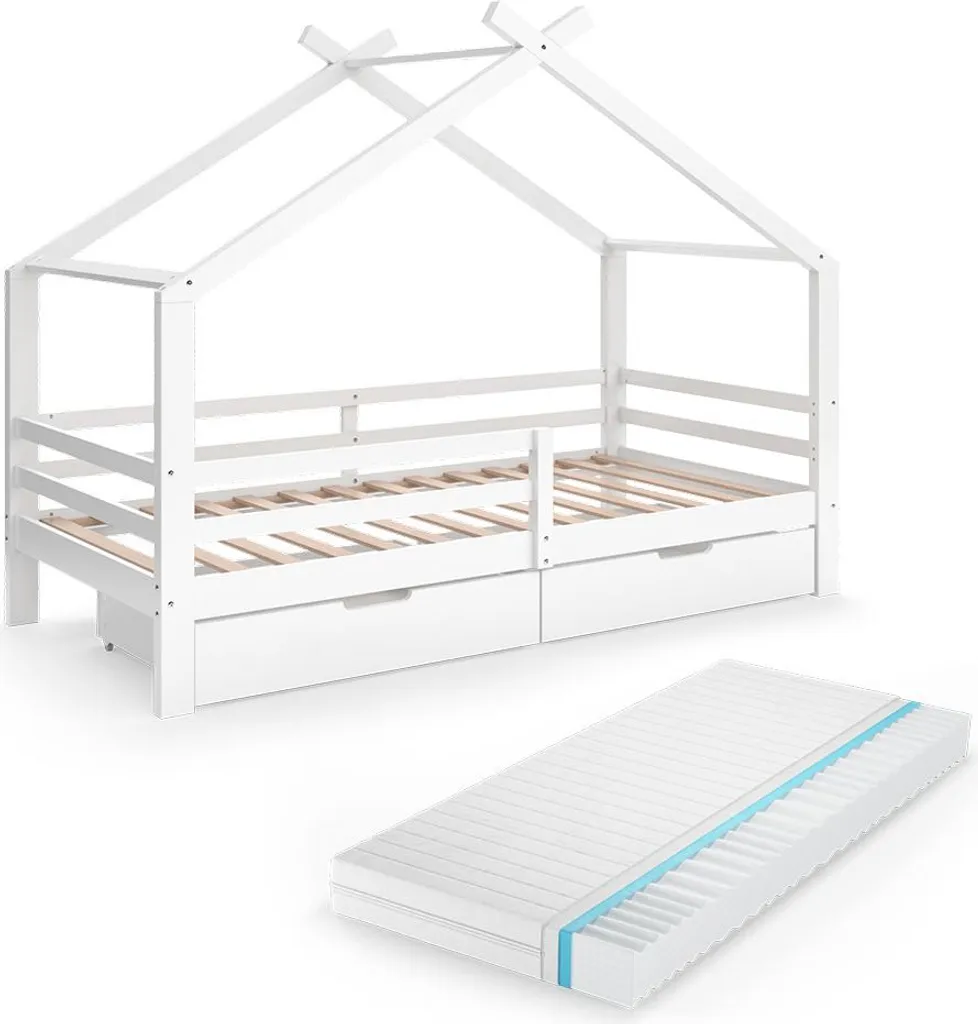 Lit cabane Vitalispa Luni Blanc 90x200 cm avec tiroirs et matelas 59345