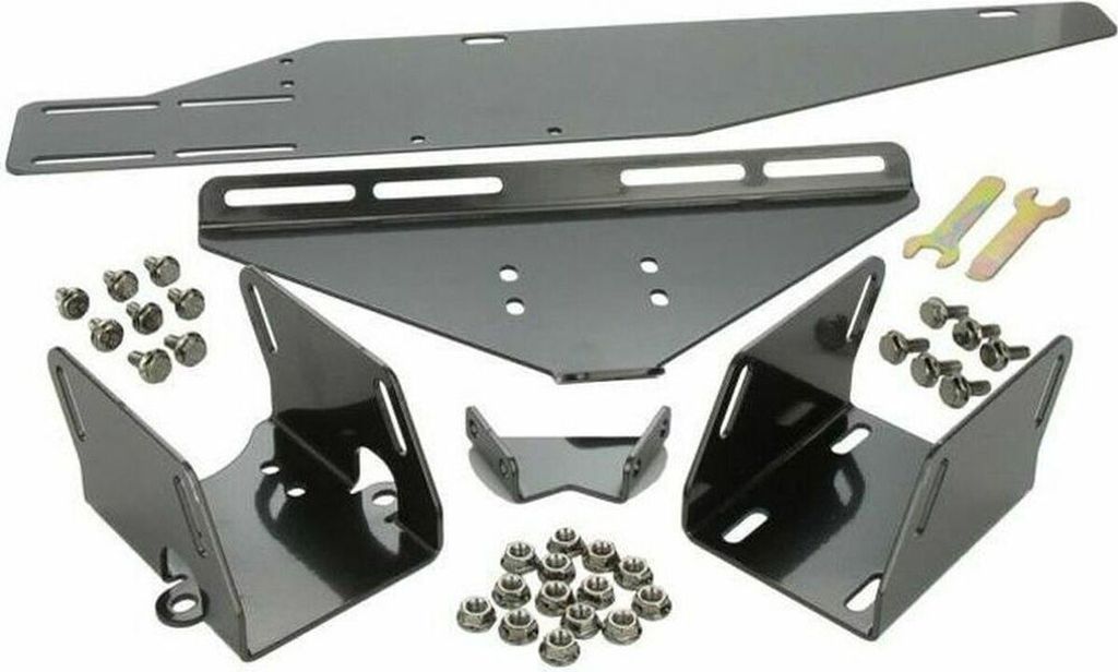 A set of black metal mounting brackets and hardware for a racing simulator.