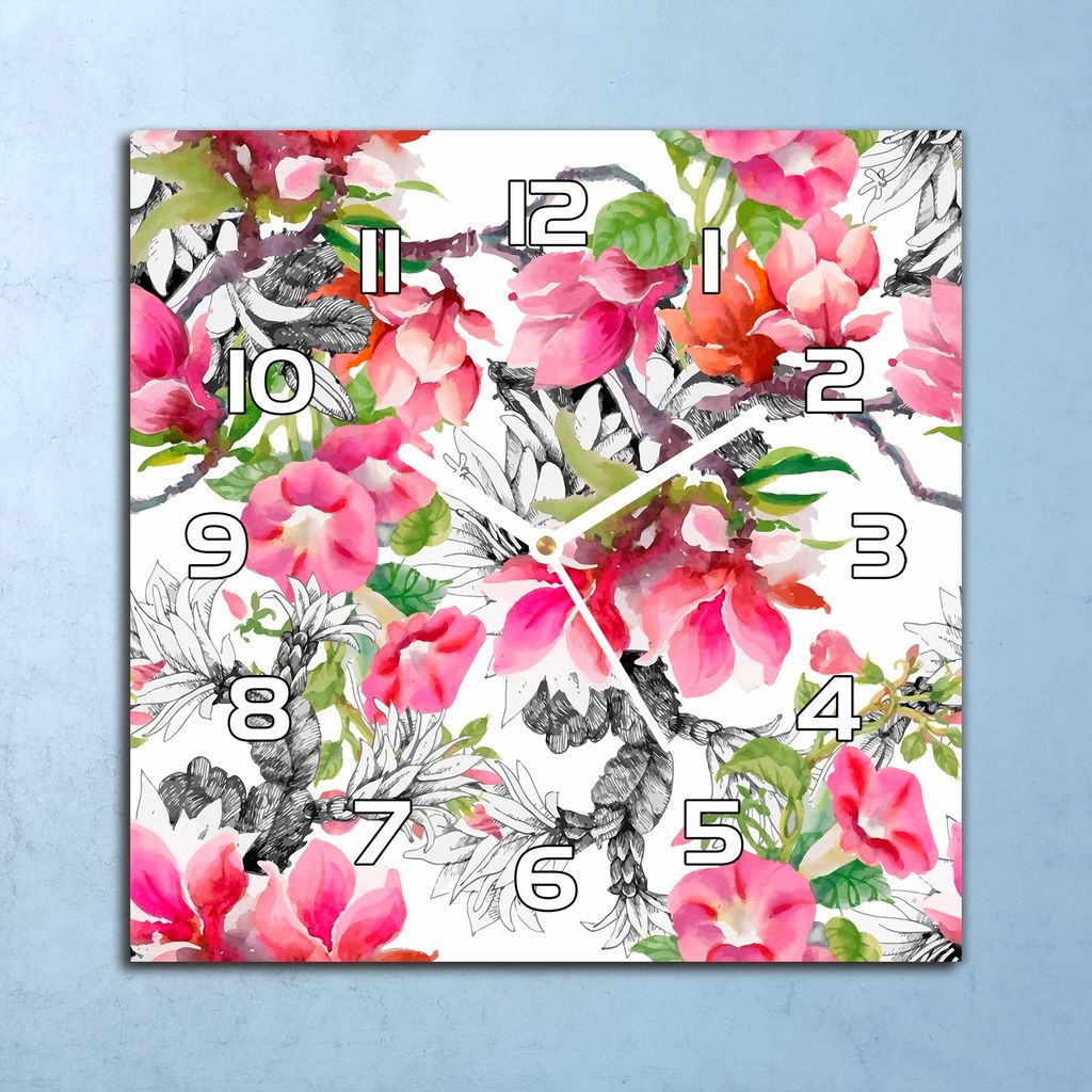 Deko Glasuhr Wanduhr 30x30 Blumen Aquarell Quarz Küchenuhr Produktbild 