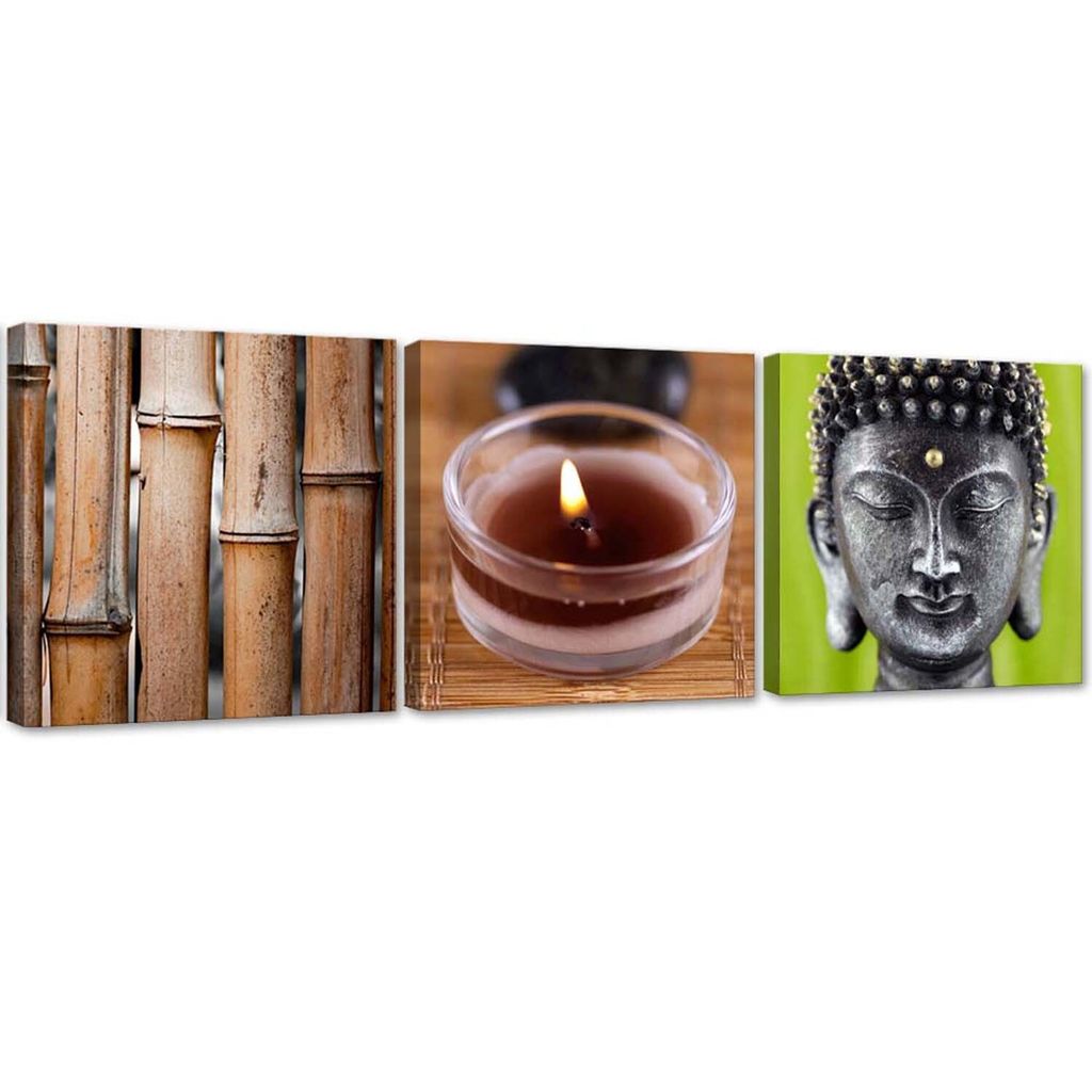 Set mit gemälden auf leinwand bambuskerze und buddha 150x50 cm Feeby braun wandbild bereit zum aufhängen