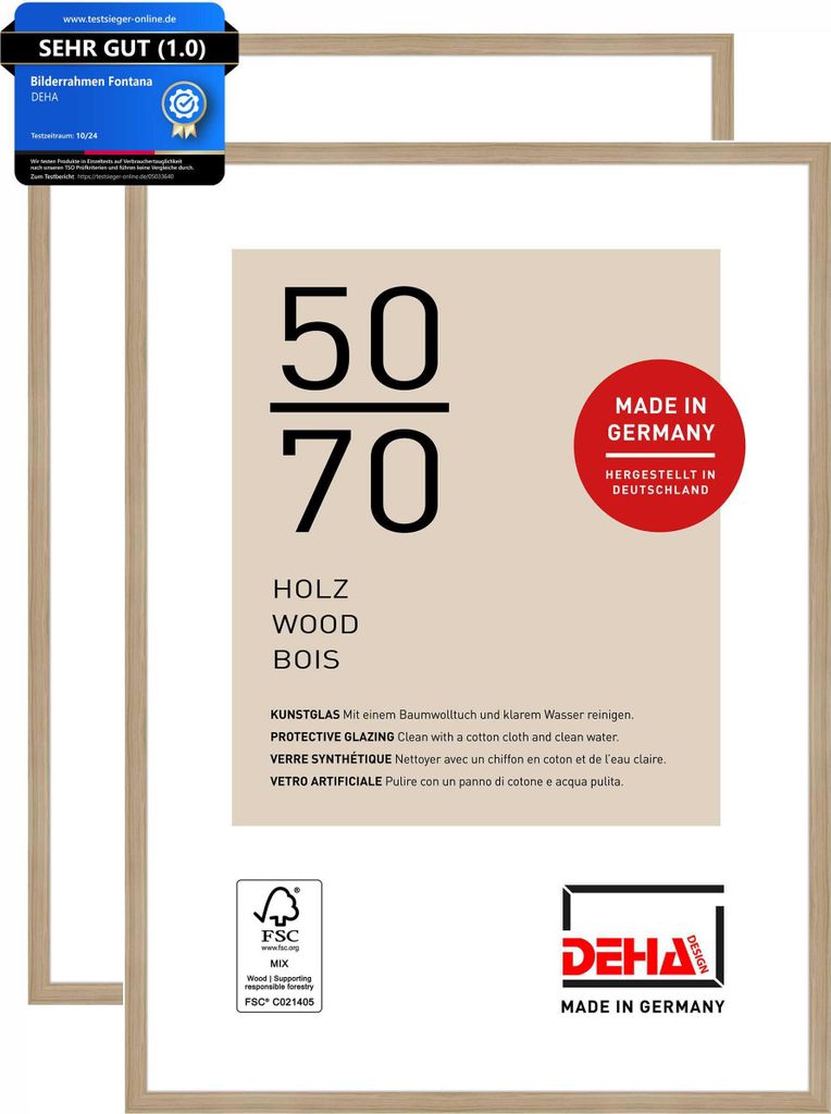 Two wooden picture frames are shown, one slightly behind the other, with a graphic overlay detailing product information.