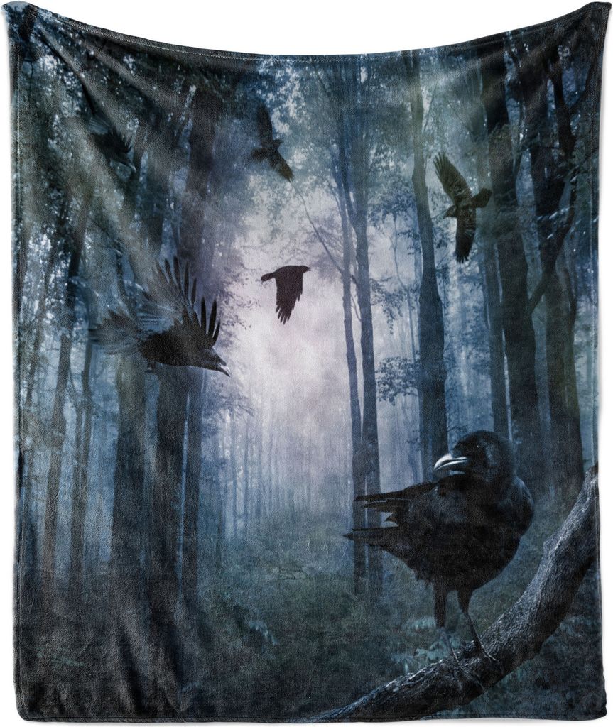 ABAKUHAUS Krähe Weich Flanell Fleece Decke, Fish Eye Schuss von Flying Birds in einer düsteren Wald Gothic Themed Bild, 175 x 230 cm, Charcoal Gr...