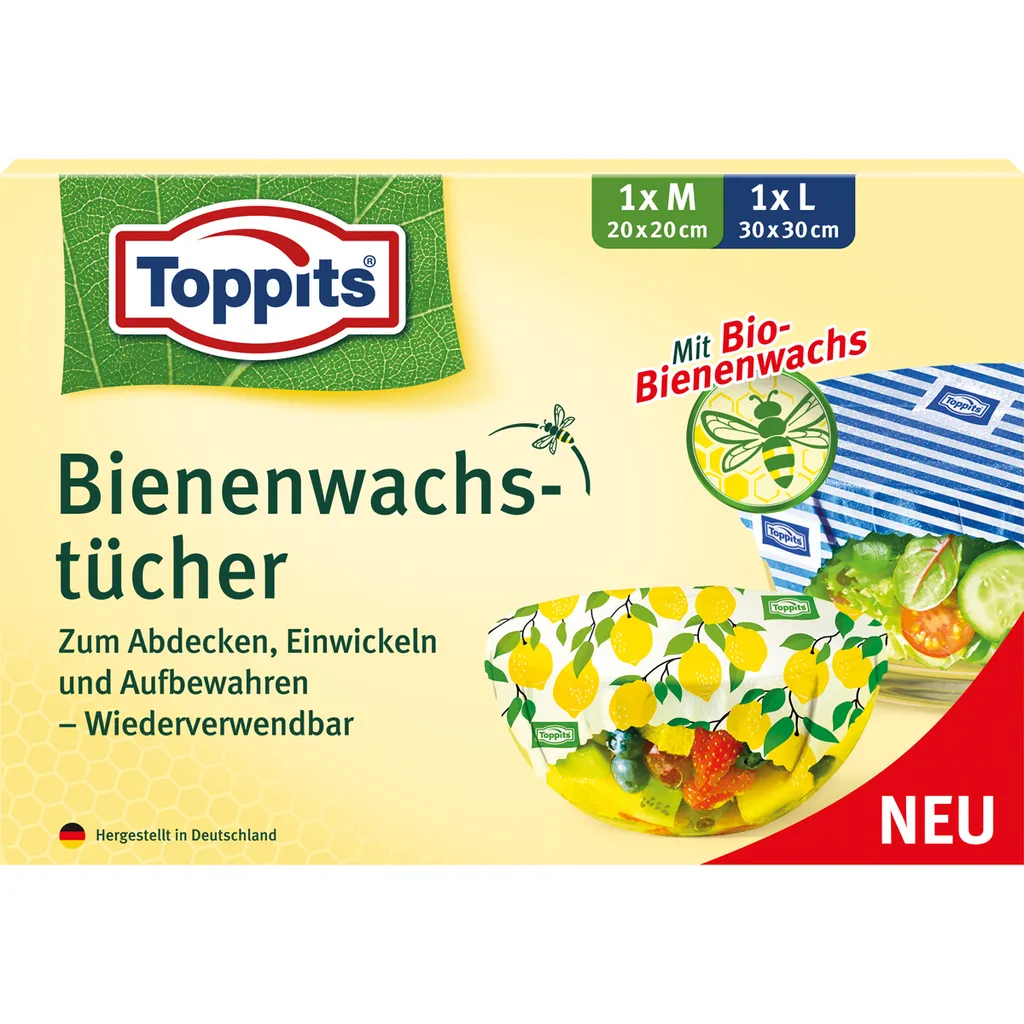 Lot de 2 Wraps Alimentaires Réutilisables en Cire d'Abeille Toppits Bio
