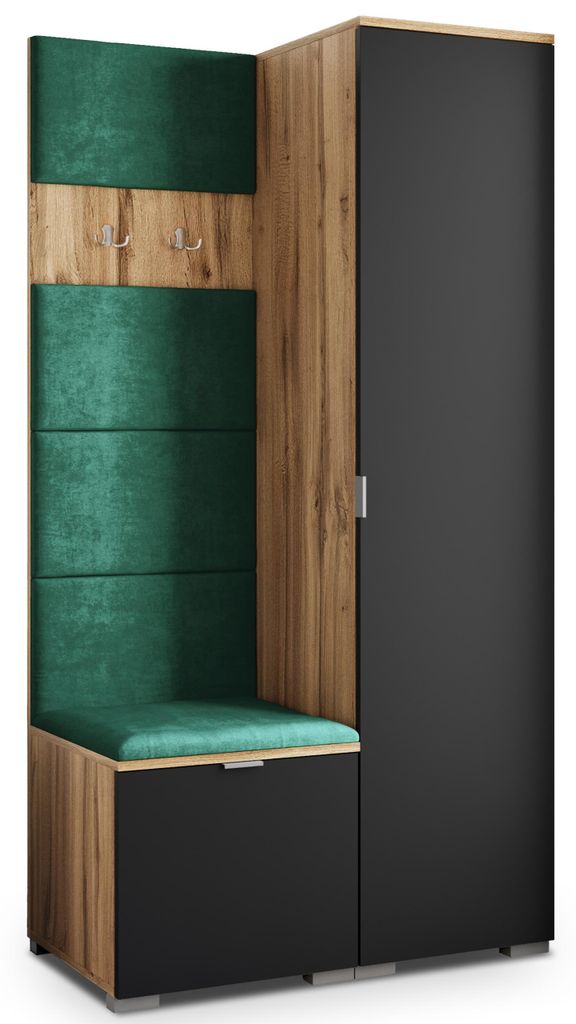 Masseno Garderobe-Set LORI 95/181/51 cm Modern Garderobenschrank Eiche Wotan, Veloursstoff MONOLITH 37 (Grün)