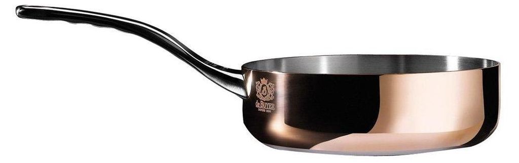 A single copper sauteuse pan with a black handle on a white background.