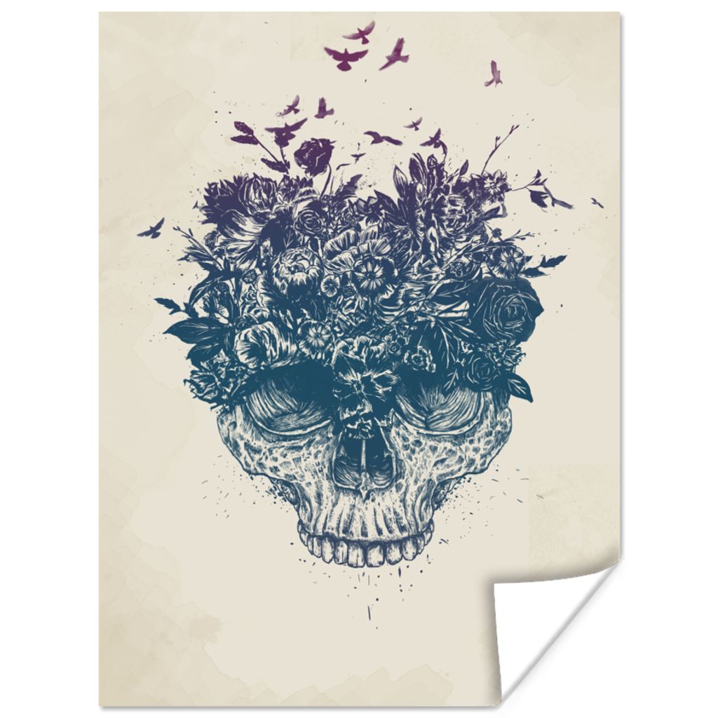MuchoWow Poster Schädel - Natur - Blumen - Vögel 60x80 cm - Schlafzimmer Dekoration