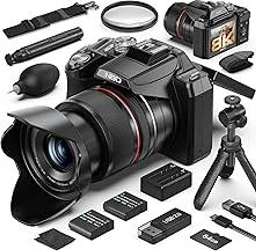 8K & 64MP Digitalkamera für Fotografie, 48X Zoom (16X Optisch + 3X Digital) mit Mondmodus, 180° Klappdisplay, WLAN, Micro-HDMI, inkl. 64GB SD-Kar...