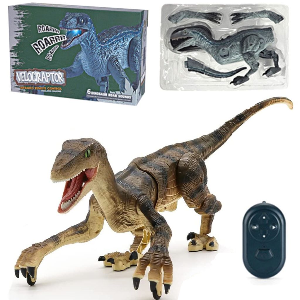 Dinosaurier Spielzeug mit Fernbedienung,Laufroboter Dinosaurier Spielzeug mit Licht und Brüllenden Geräuschen,2,4 GHz RC Velocirapto, Braun