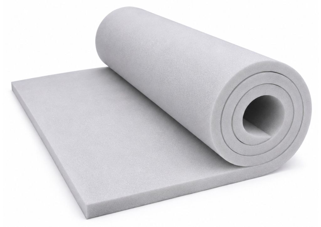 RG25 120 x 80 x 5 cm - Gerollter grauer Polsterschaum auf weissem Hintergrund