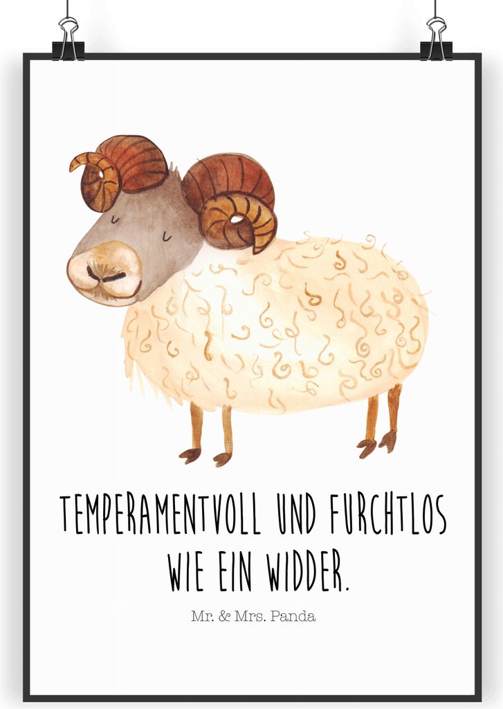 Mr. & Mrs. Panda Bild Sternzeichen Widder DIN A4 - Weiß - Geschenk, Geburtstag März, Wandbild, Schafbock, Bock, drucke, Wanddekoration, April, wa...