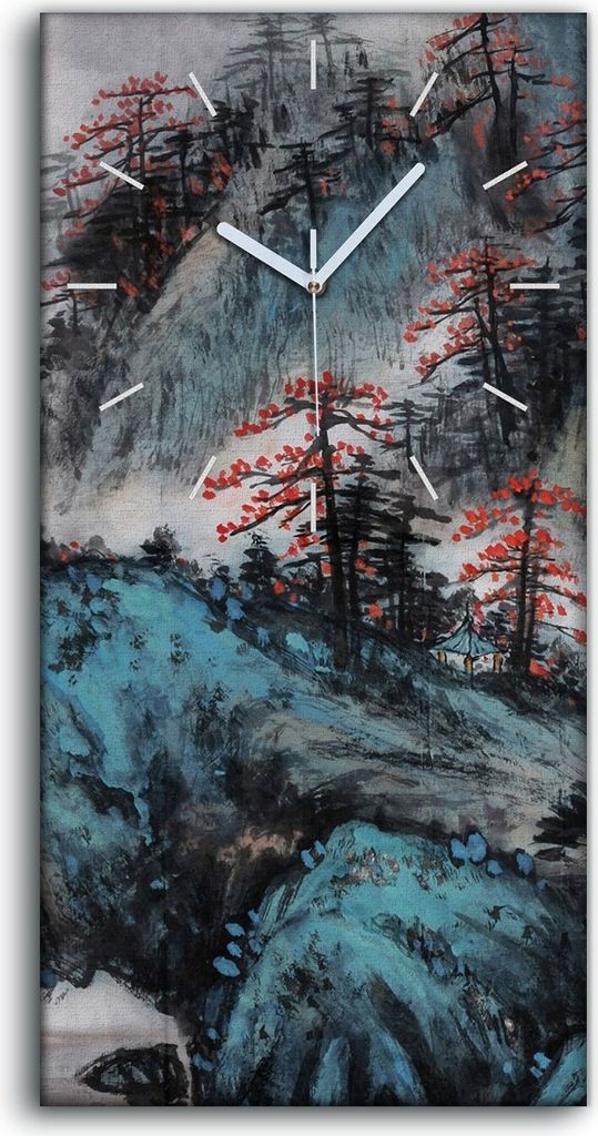 Wandkunst Leinwand Bild Uhr 30x60 Malerei Asiatische Berg Baum Nebel Kunst - weiße Hände