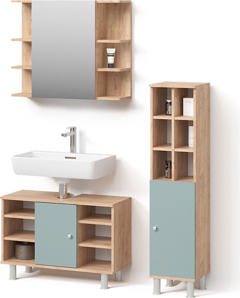 Badmöbel-Set Livinity Fucino Grün 3 Teile, mit Midischrank Tür groß, Model 53064