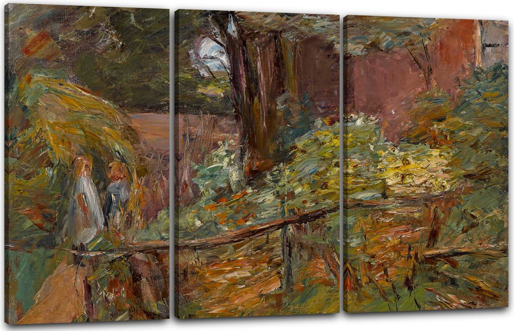 Leinwandbild 3-teilig (120x80cm): Max Liebermann - Garten mit zwei Kindern, echter Holz-Keilrahmen inkl. Aufhänger, handgefertigt in Deutschland